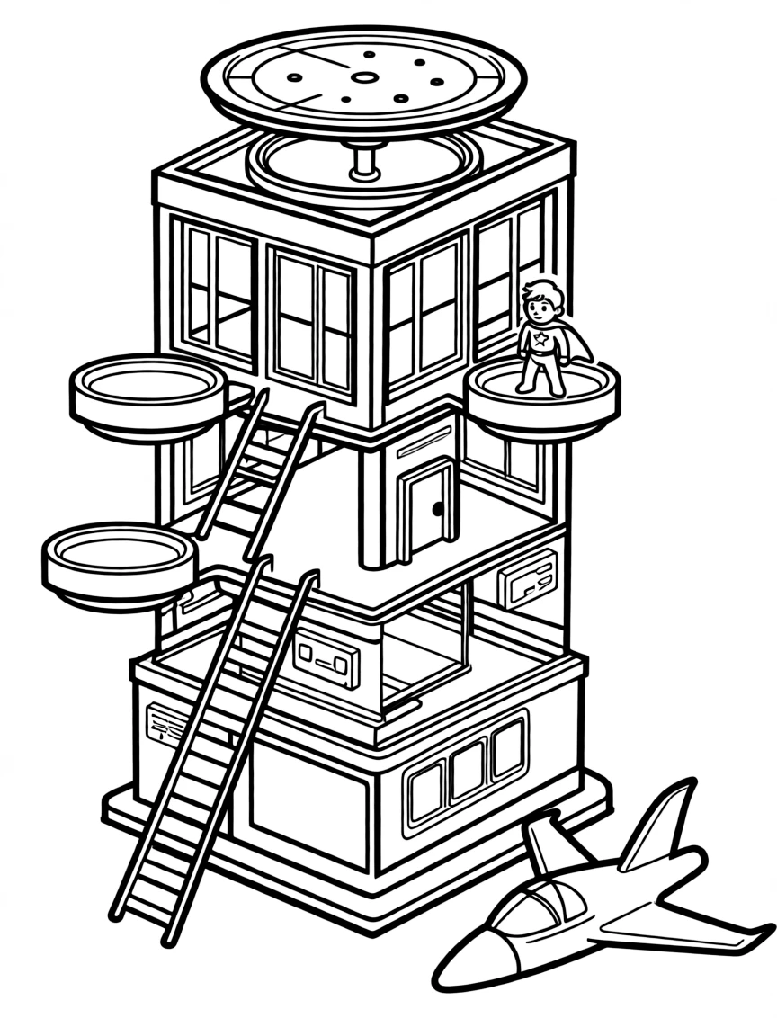 A superhero headquarters playset with multiple levels