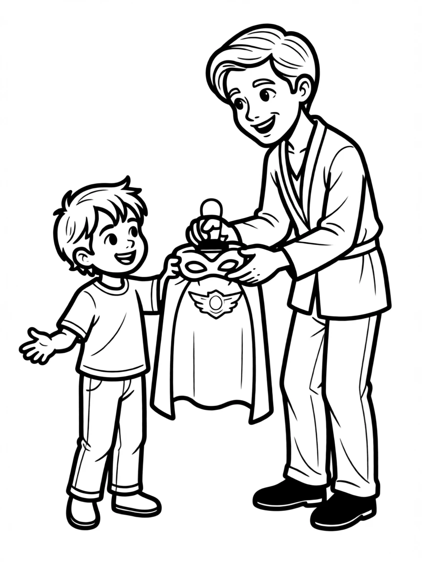 A young hero receiving their first costume from a mentor
