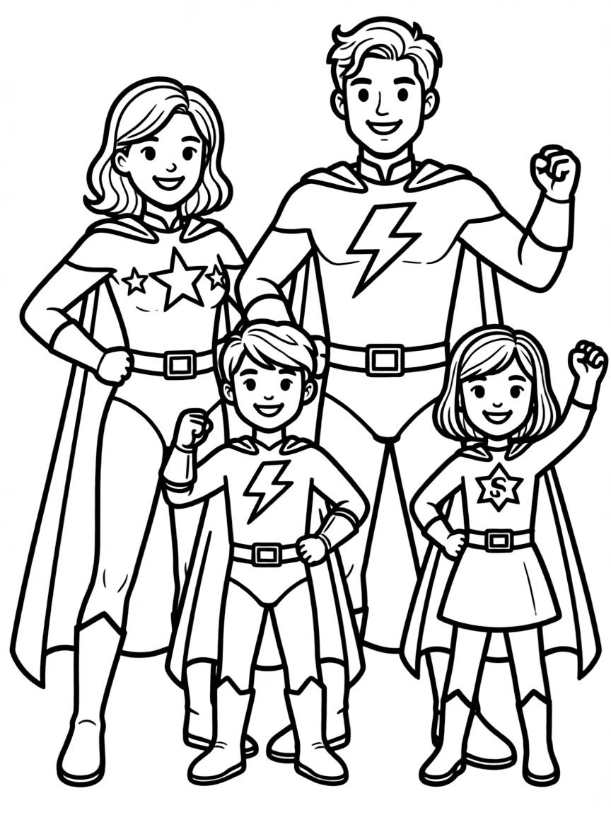 A family of heroes in matching costume designs