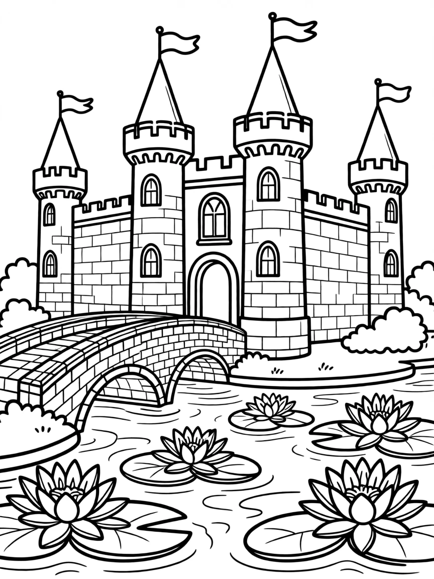 A majestic medieval castle with tall turrets and a stone bridge crossing a moat filled with water lilies