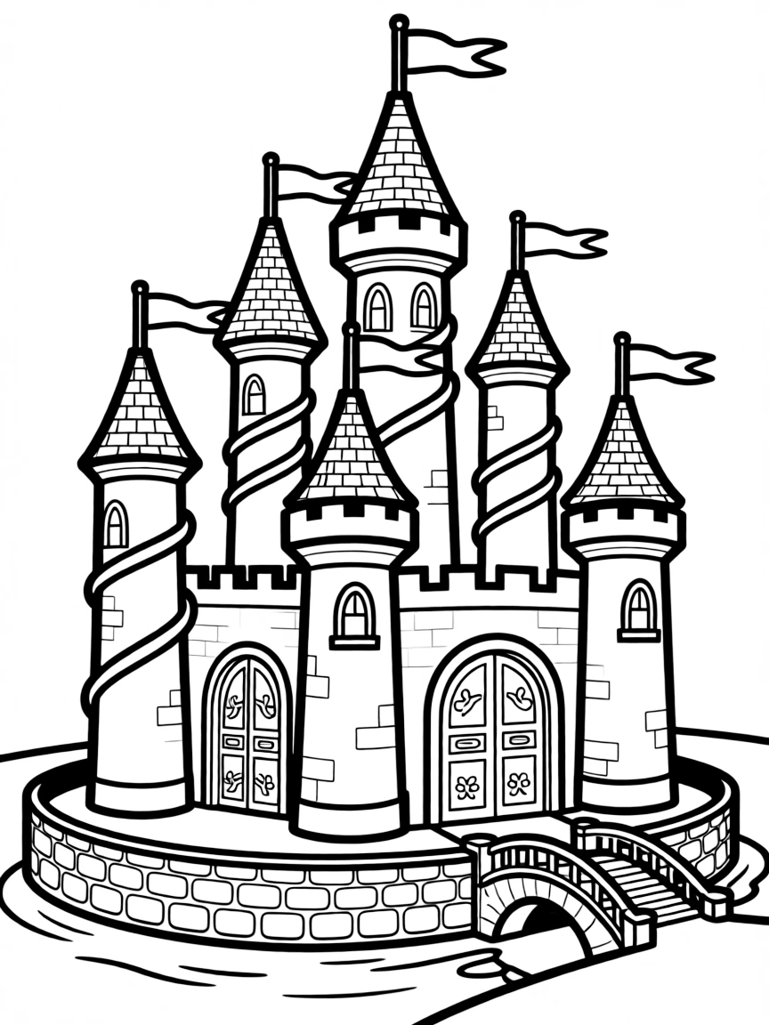 A fairy tale castle with spiraling towers topped with colorful flags fluttering in the breeze