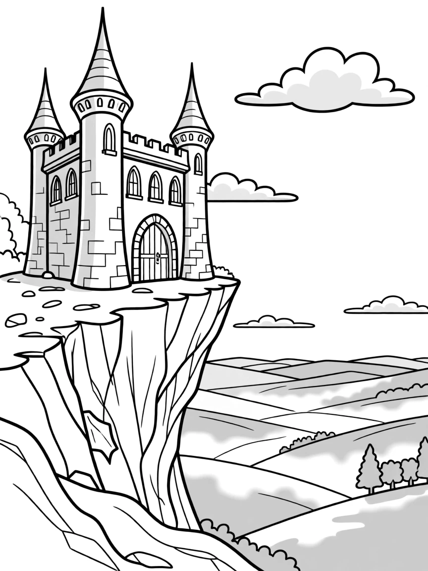 An ancient castle perched precariously on a craggy cliff overlooking a misty valley