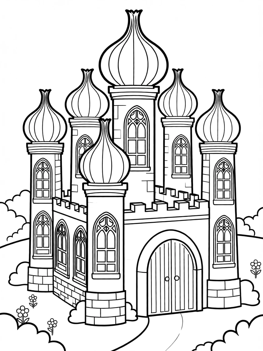 A whimsical castle with onion-shaped domes and intricate arched windows