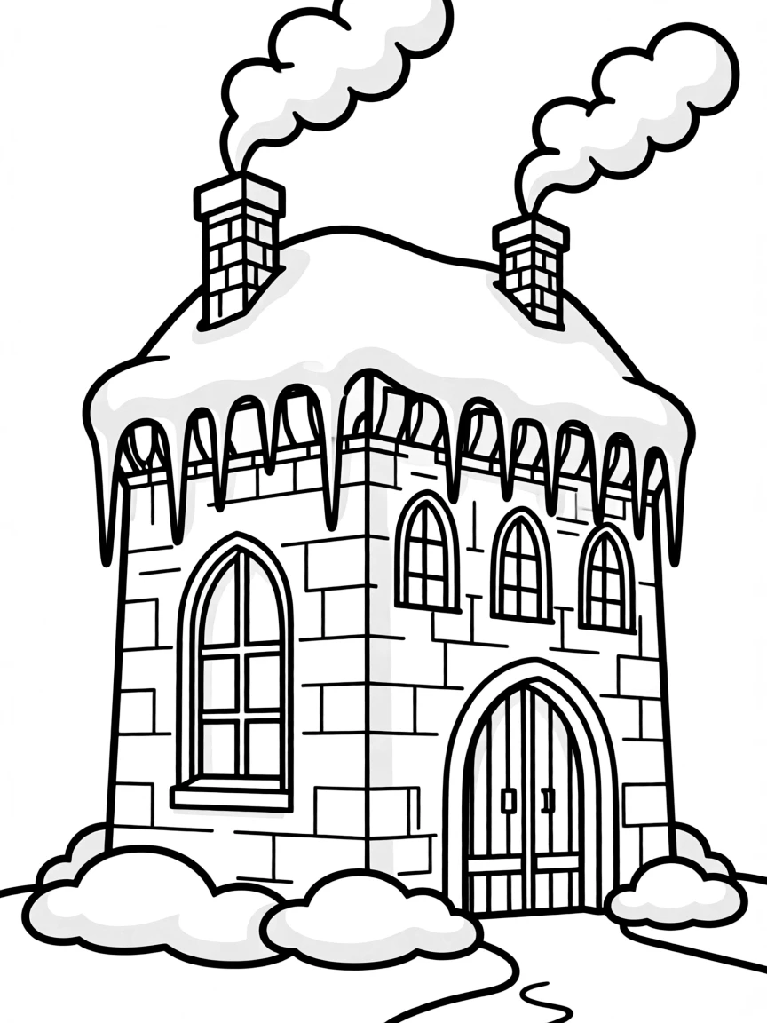 A snow-covered castle with icicles hanging from the battlements and smoke rising from stone chimneys