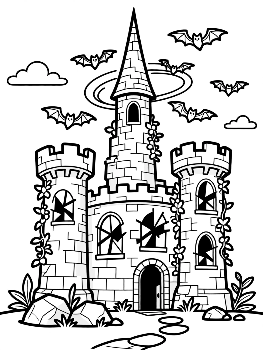 A haunted castle with broken windows, crumbling walls, and bats circling the highest tower