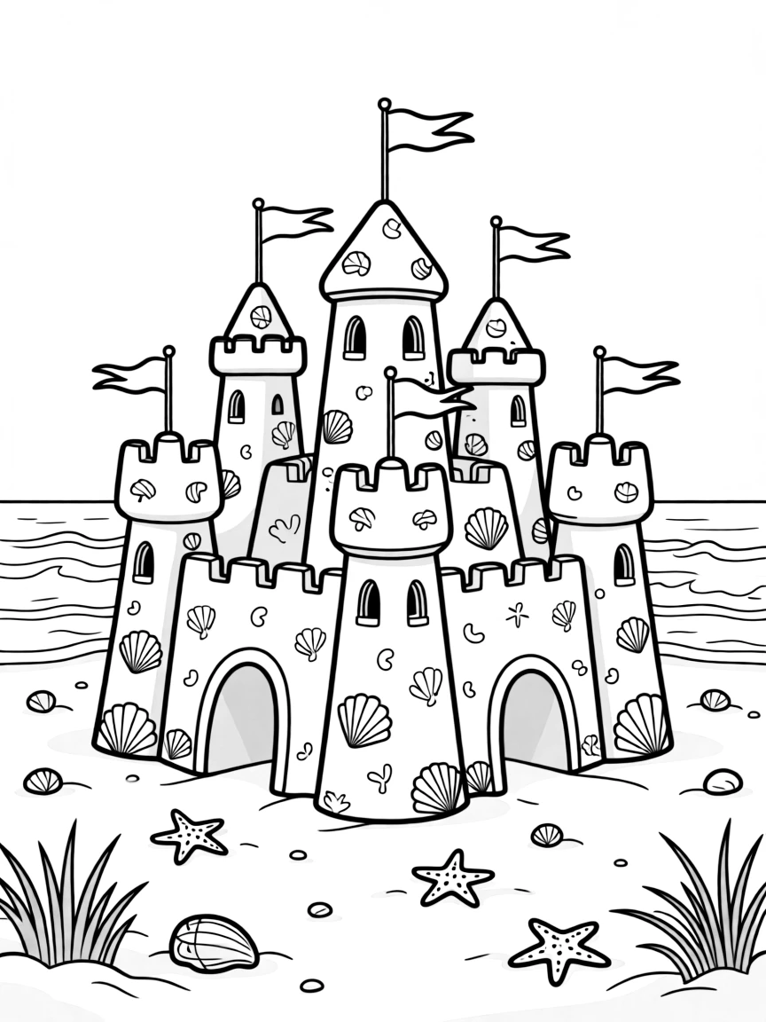 A sand castle kingdom on a beach with seashell decorations and tiny flags made of seaweed