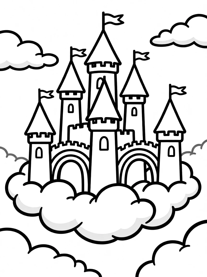 A floating castle suspended among fluffy clouds with rainbow bridges connecting its towers