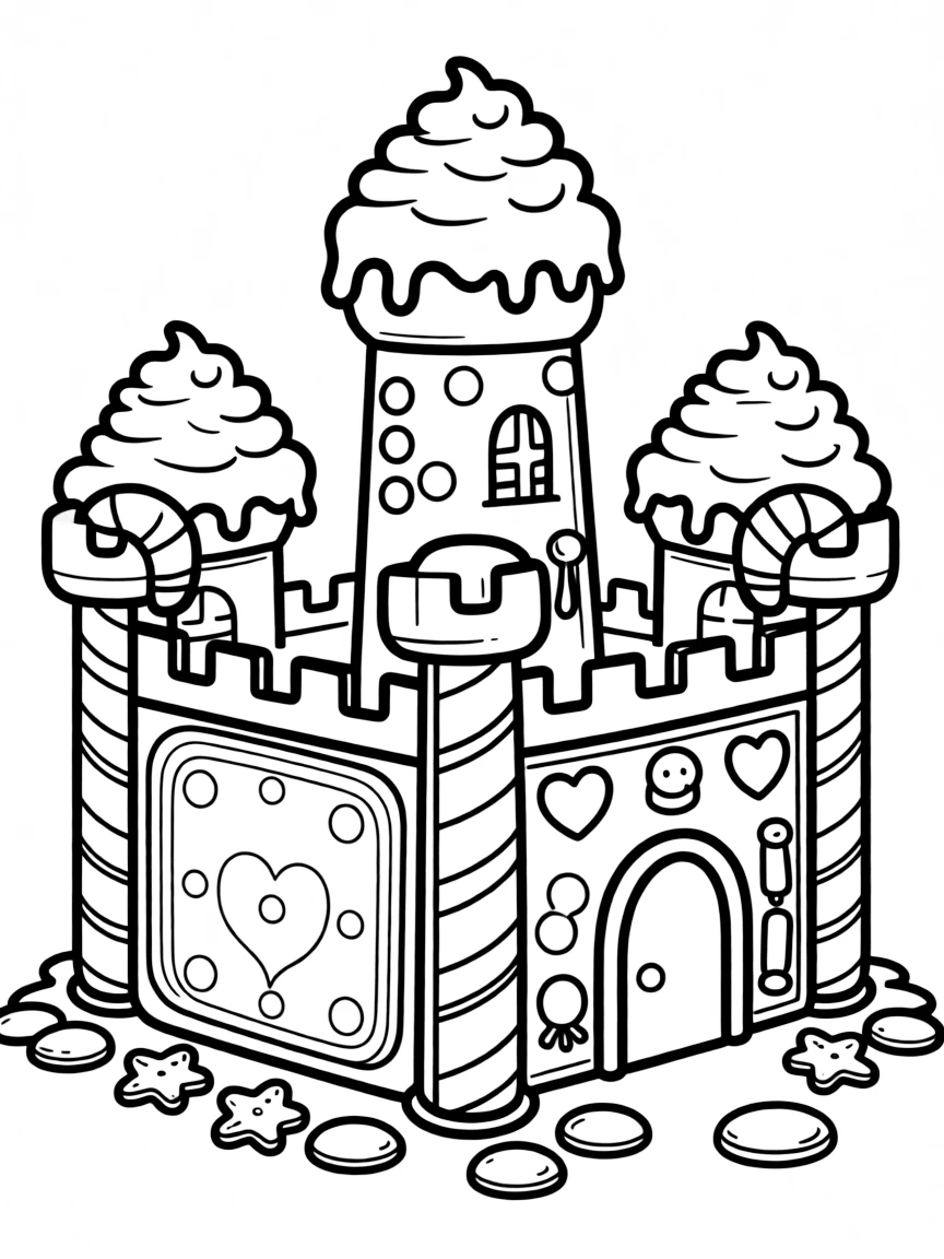 A gingerbread castle with candy cane pillars and frosting-covered turrets
