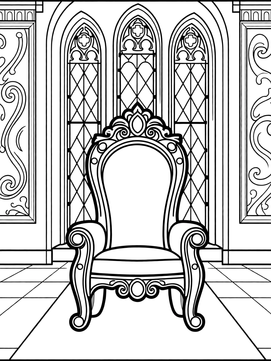 A grand castle throne room with ornate tapestries, a jeweled throne, and stained glass windows