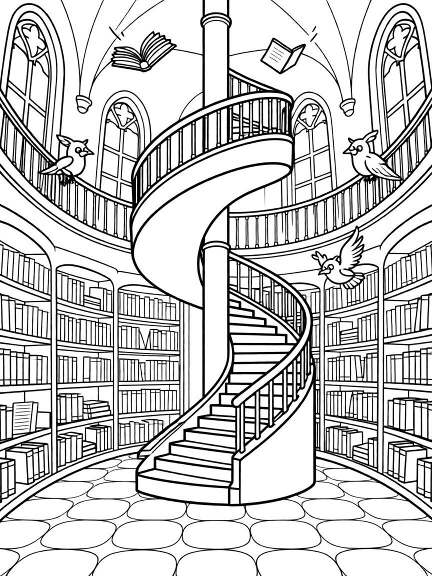 A magical castle library with floating books, spiral staircases, and owl messengers