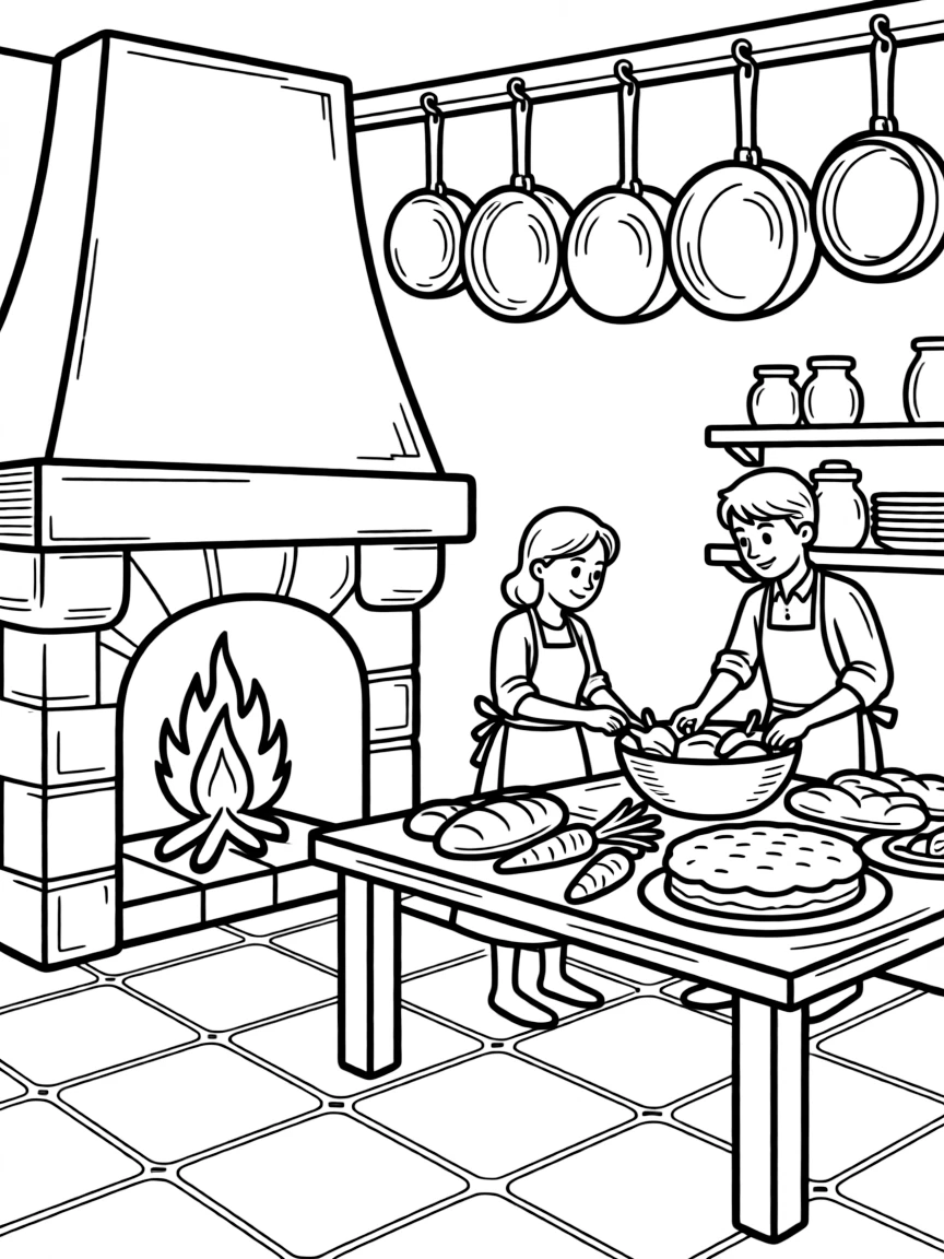 A castle kitchen with copper pots hanging from the ceiling, a stone hearth, and busy cooks preparing a feast