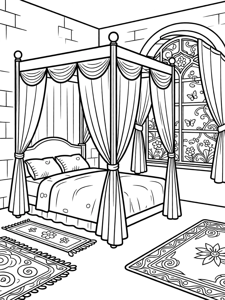 A castle bedroom with a canopy bed, ornate rugs, and a window overlooking an enchanted garden