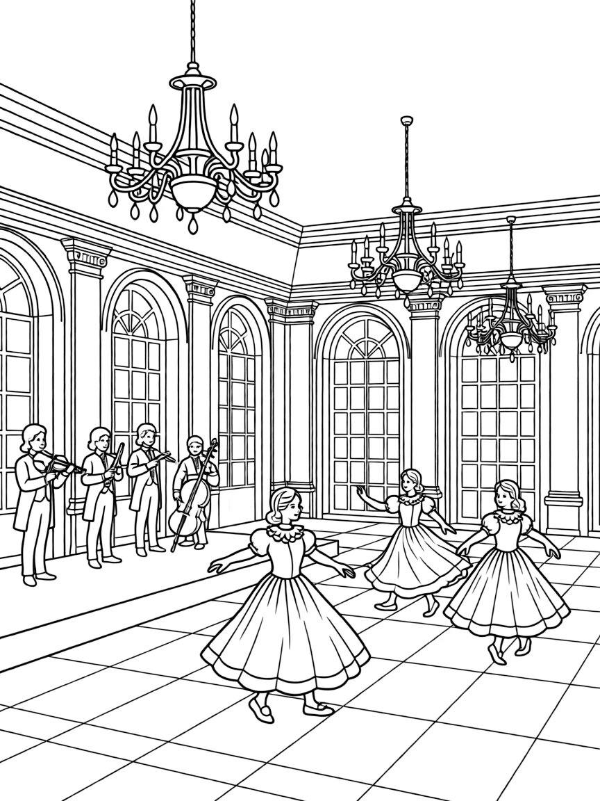 A castle ballroom with chandeliers, musicians playing instruments, and dancers in elaborate costumes