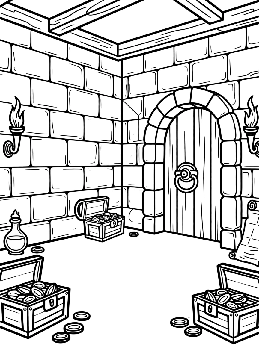 A castle dungeon with torches casting shadows on stone walls and mysterious treasures hidden in corners