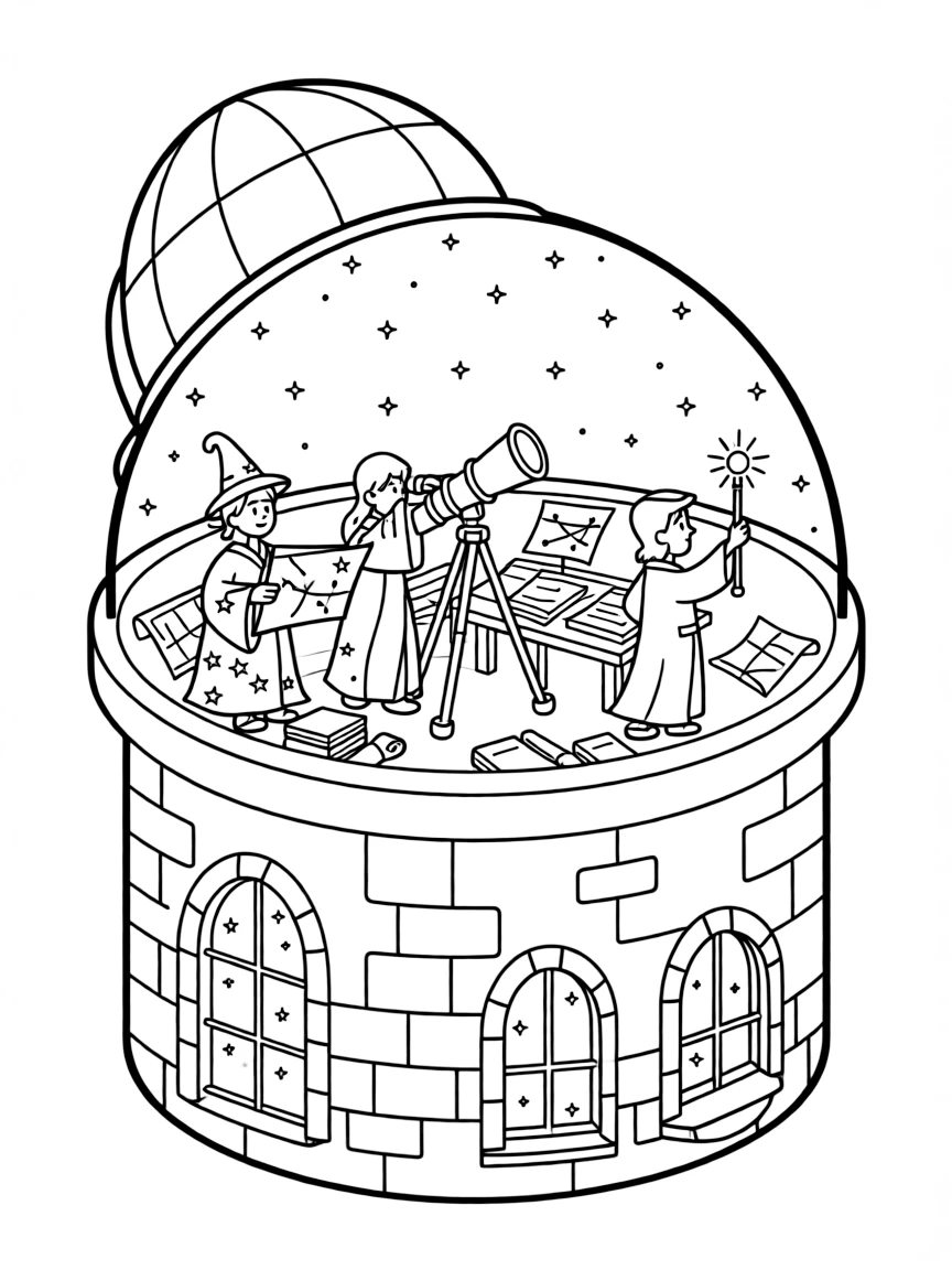A castle observatory with telescopes, star charts, and wizards studying the night sky
