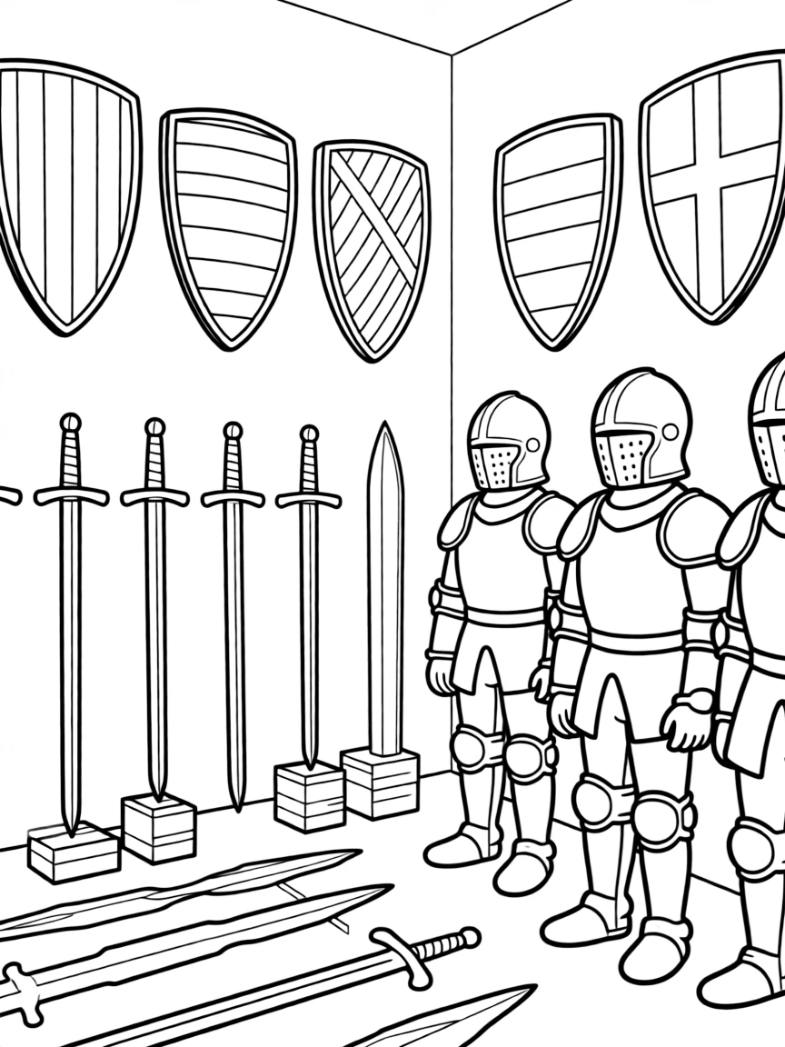 A castle armory filled with shields, swords, and suits of armor standing at attention