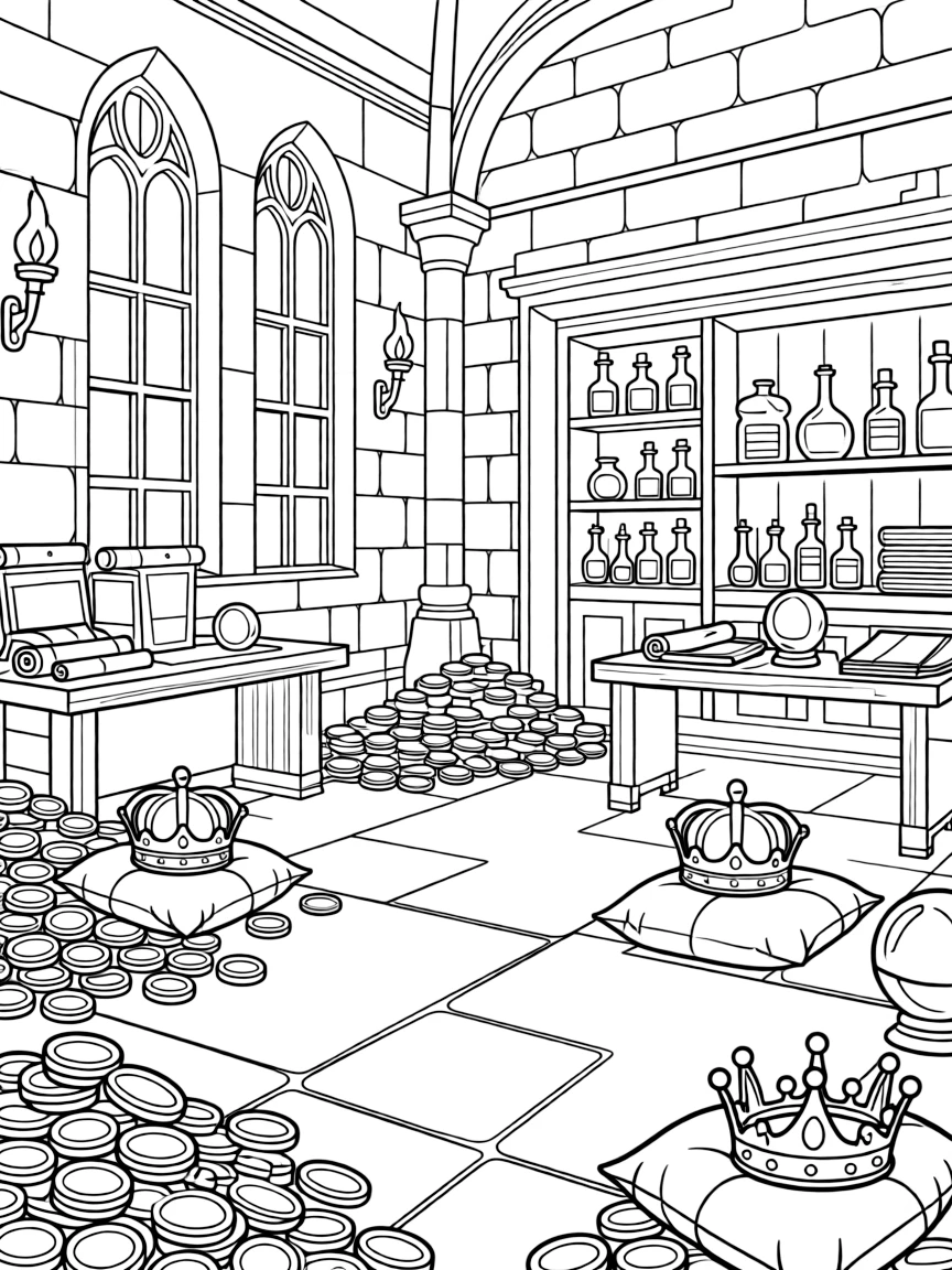 A castle treasury filled with gold coins, jeweled crowns, and magical artifacts