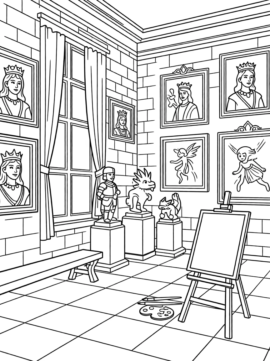 A castle art gallery with portraits of royalty, sculptures, and magical paintings with moving figures