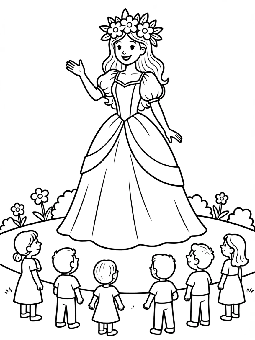 A kind queen in an elaborate gown with a flower crown addressing her loyal subjects