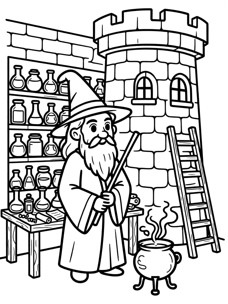 A wise old wizard with a flowing beard working in his tower laboratory surrounded by potions