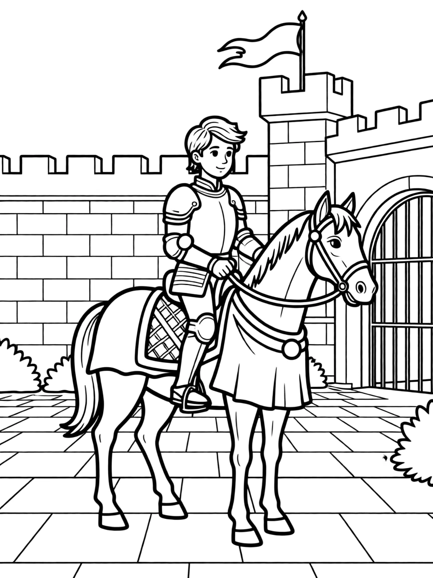 A brave knight in shining armor mounting his decorated horse in the castle courtyard