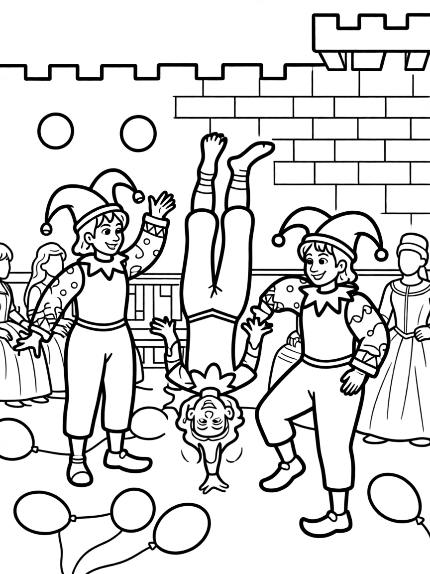 A mischievous group of jesters entertaining the court with juggling and acrobatics