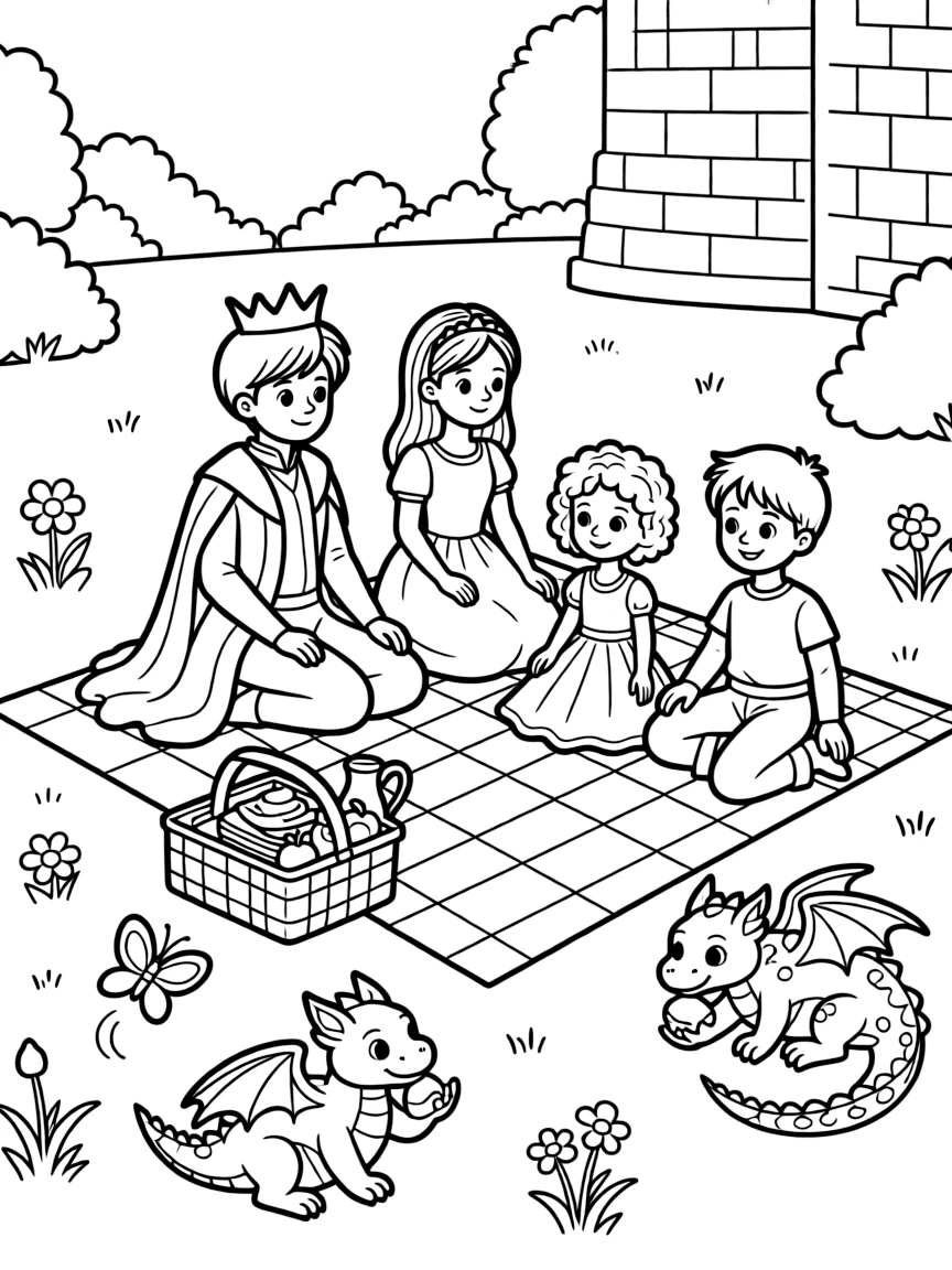 A royal family having a picnic in the castle gardens with their pet dragons
