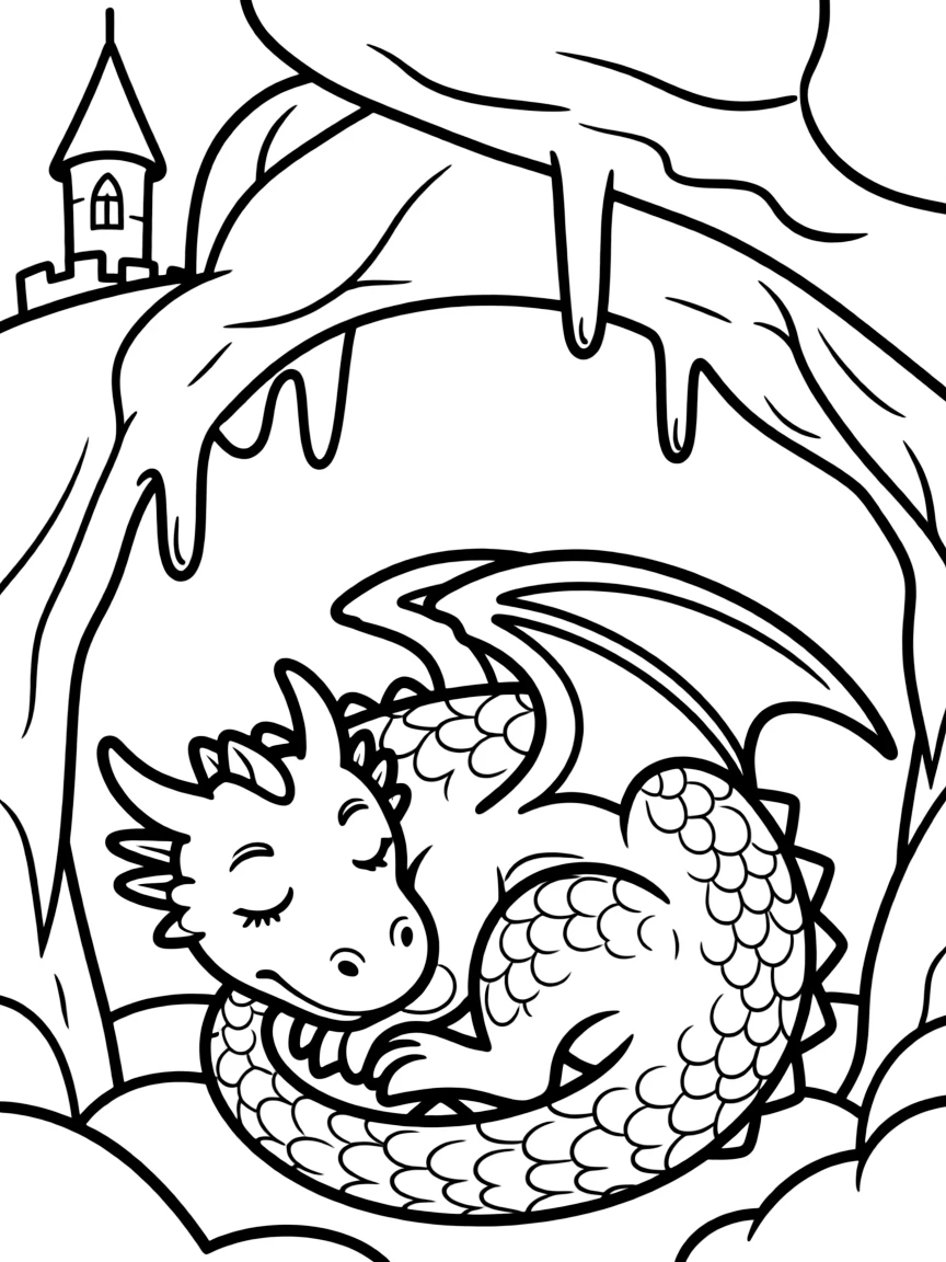 A peaceful dragon curled up asleep in its cave beneath the castle