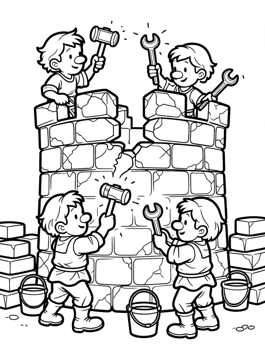 A team of dwarves building and repairing the castle walls with magical tools