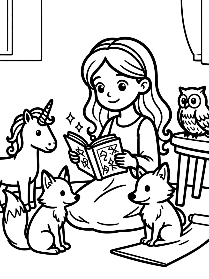 A princess reading a book of spells while her magical animal companions listen attentively