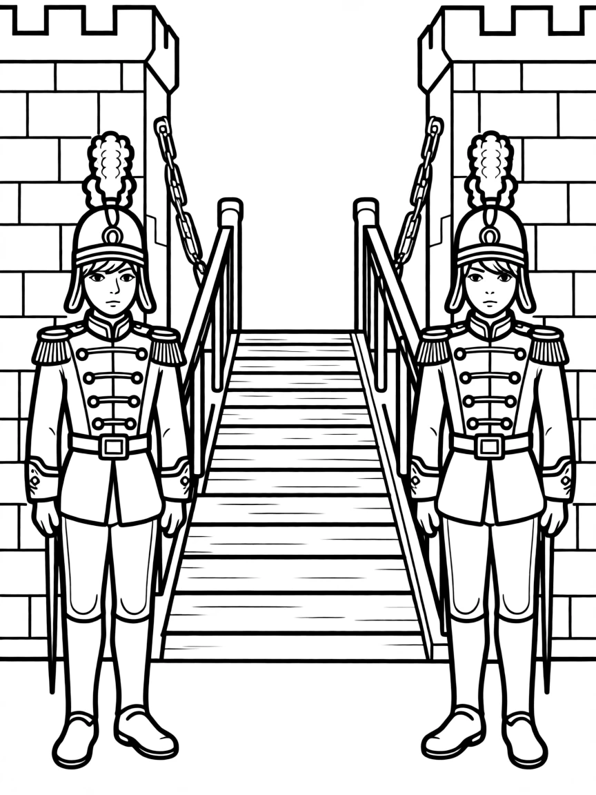 Castle guards with elaborate uniforms standing at attention by the drawbridge