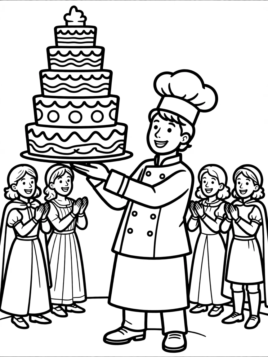 A royal chef presenting a magnificent multi-tiered cake to applauding courtiers
