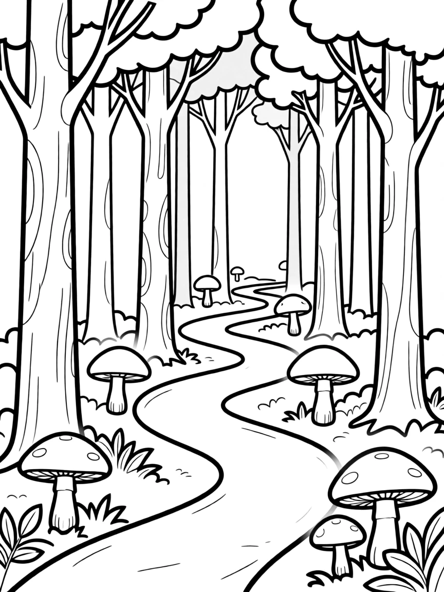 A winding path through towering trees with glowing mushrooms lighting the way