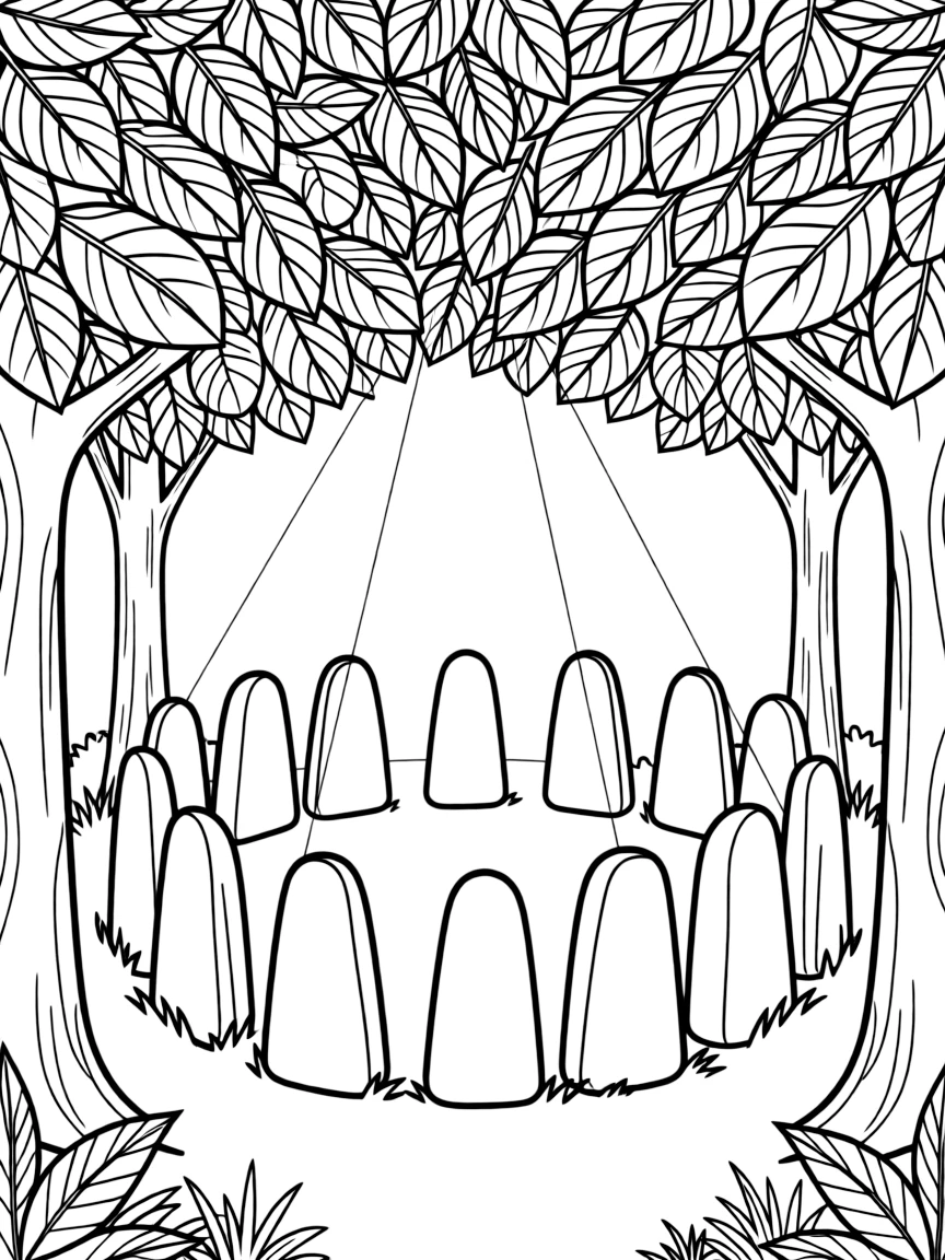A magical clearing where moonlight filters through a canopy of leaves, illuminating a circle of standing stones