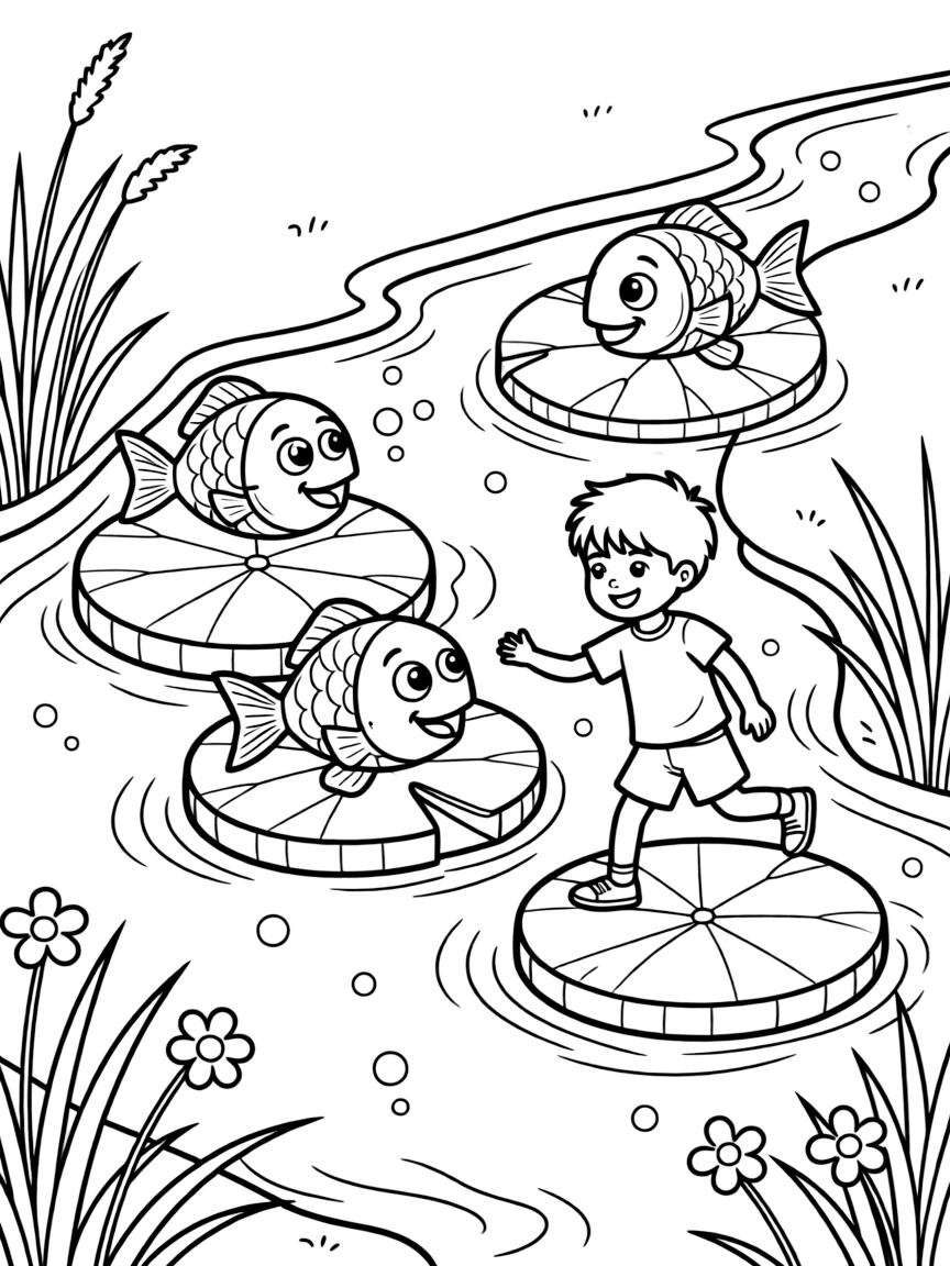 A bubbling brook with stepping stones made of giant lily pads and talking fish