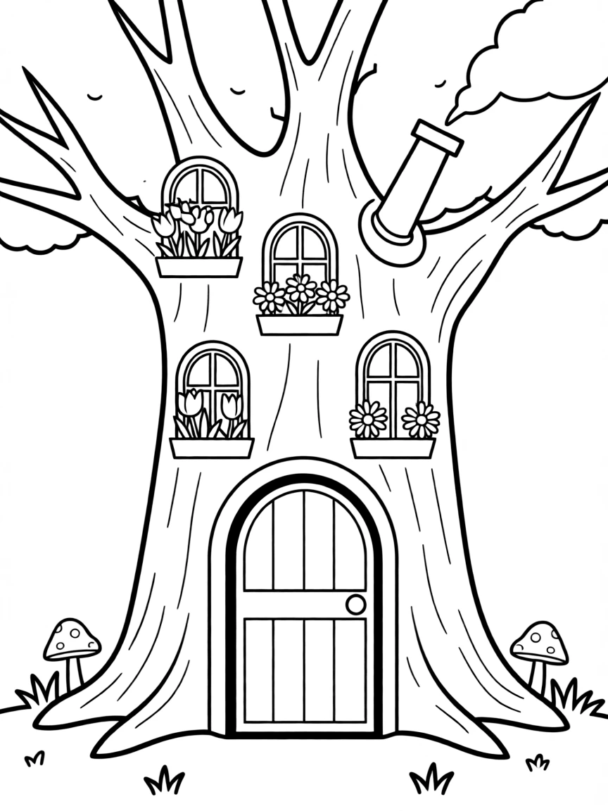 An ancient tree with a door in its trunk, windows with flower box planters, and a chimney