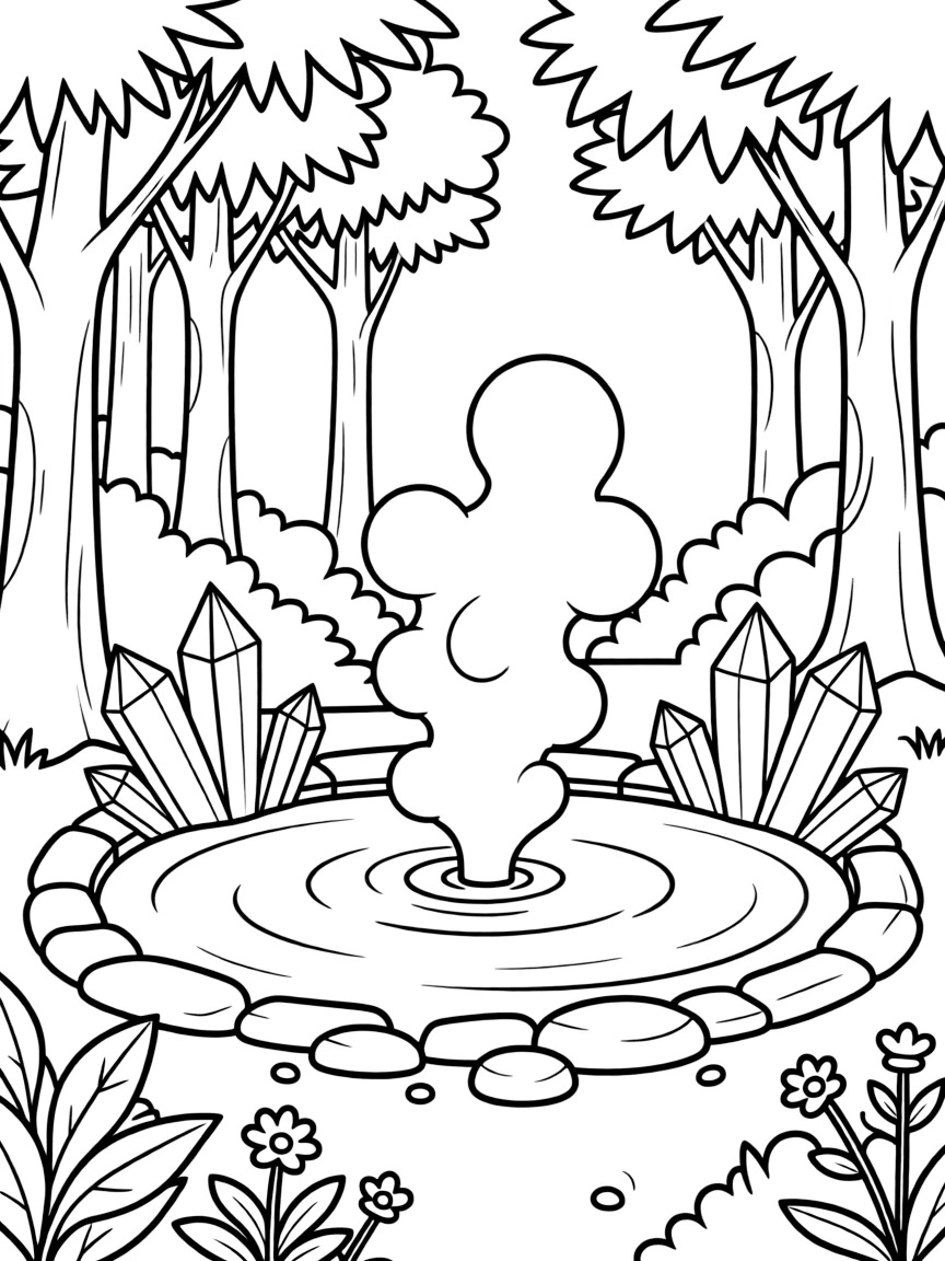 A forest hot spring with steaming water and crystals growing around its edges