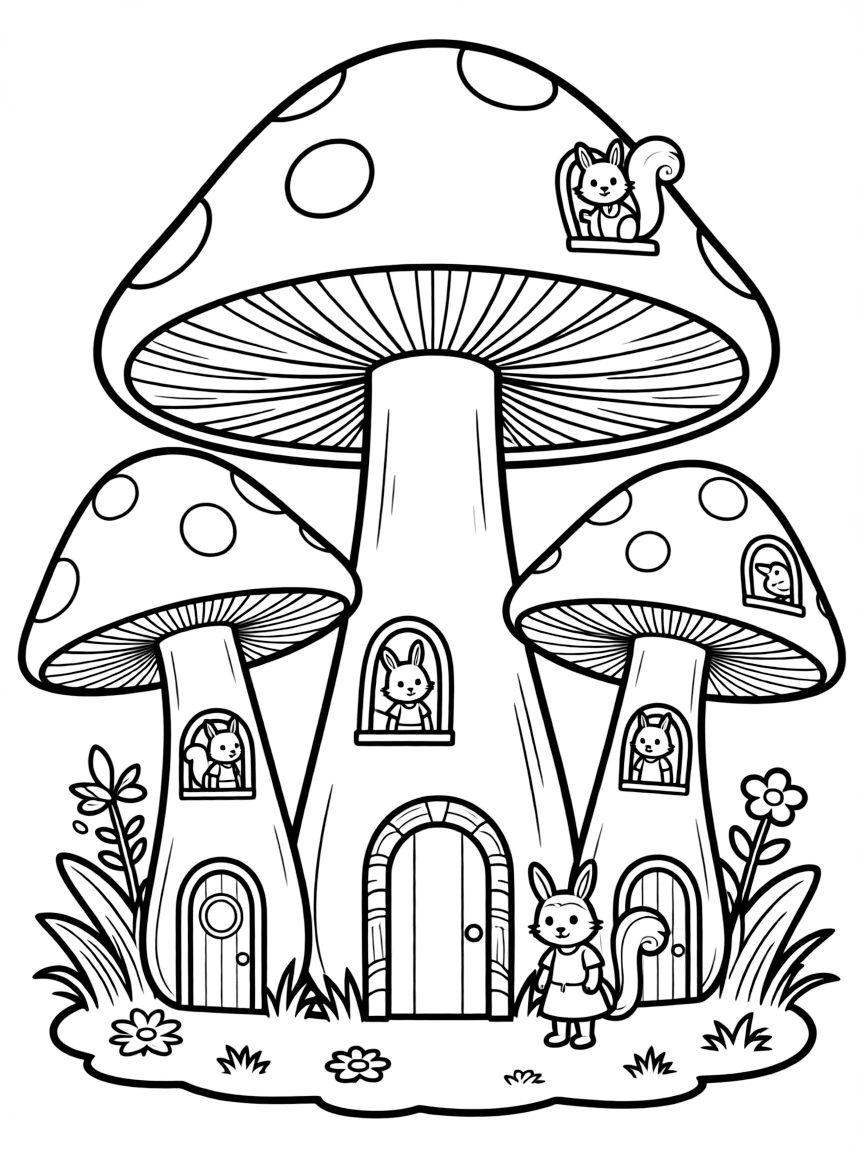 Giant mushrooms with doors and windows serving as homes for tiny forest creatures