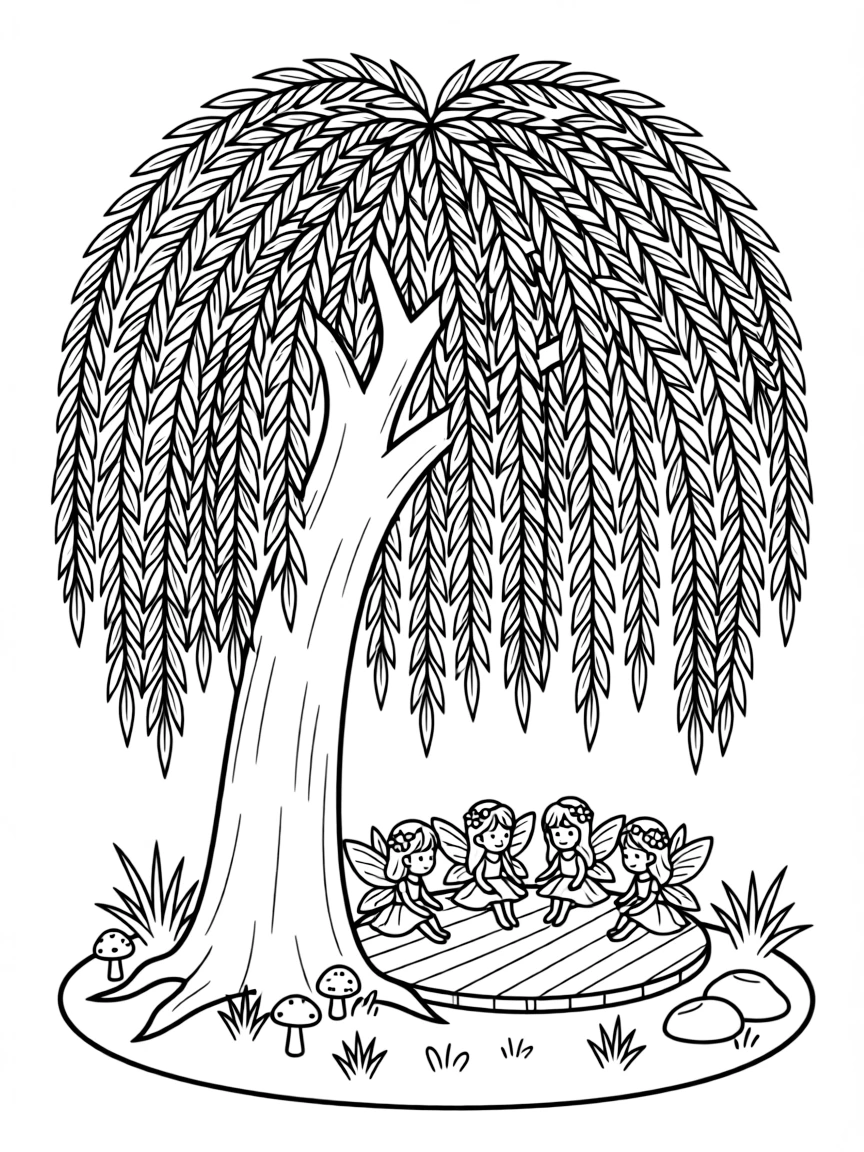 A willow tree with curtains of leaves hiding a secret meeting place for forest fairies