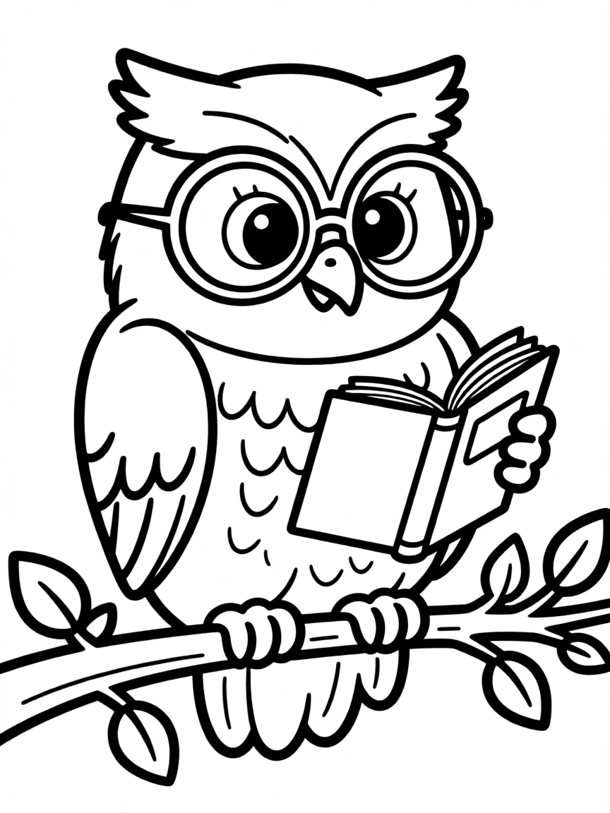 A wise owl wearing spectacles and reading a tiny book perched on a branch