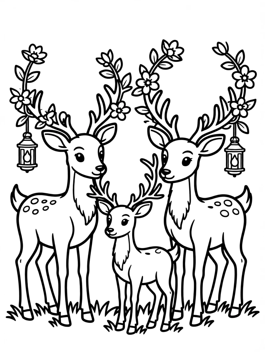 A family of deer with antlers that grow flowering vines and tiny lanterns
