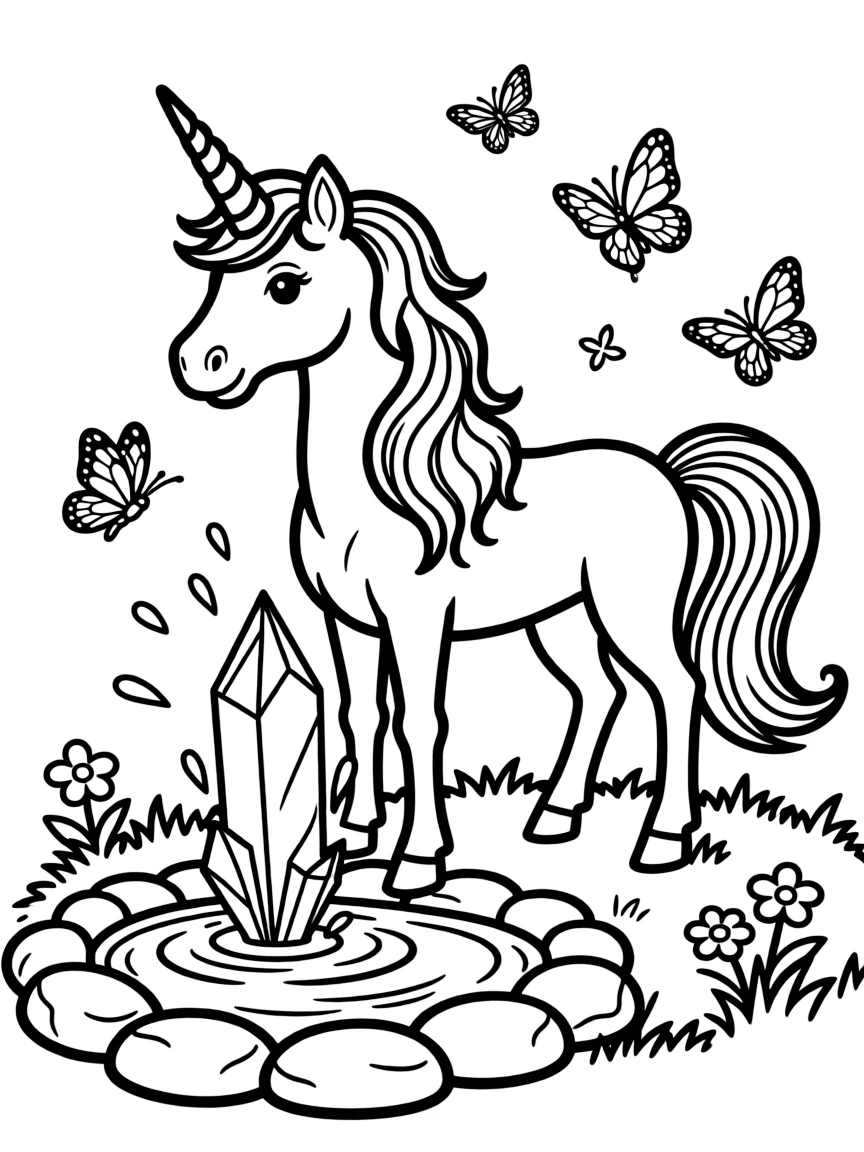 A majestic unicorn drinking from a crystal-clear spring surrounded by butterflies