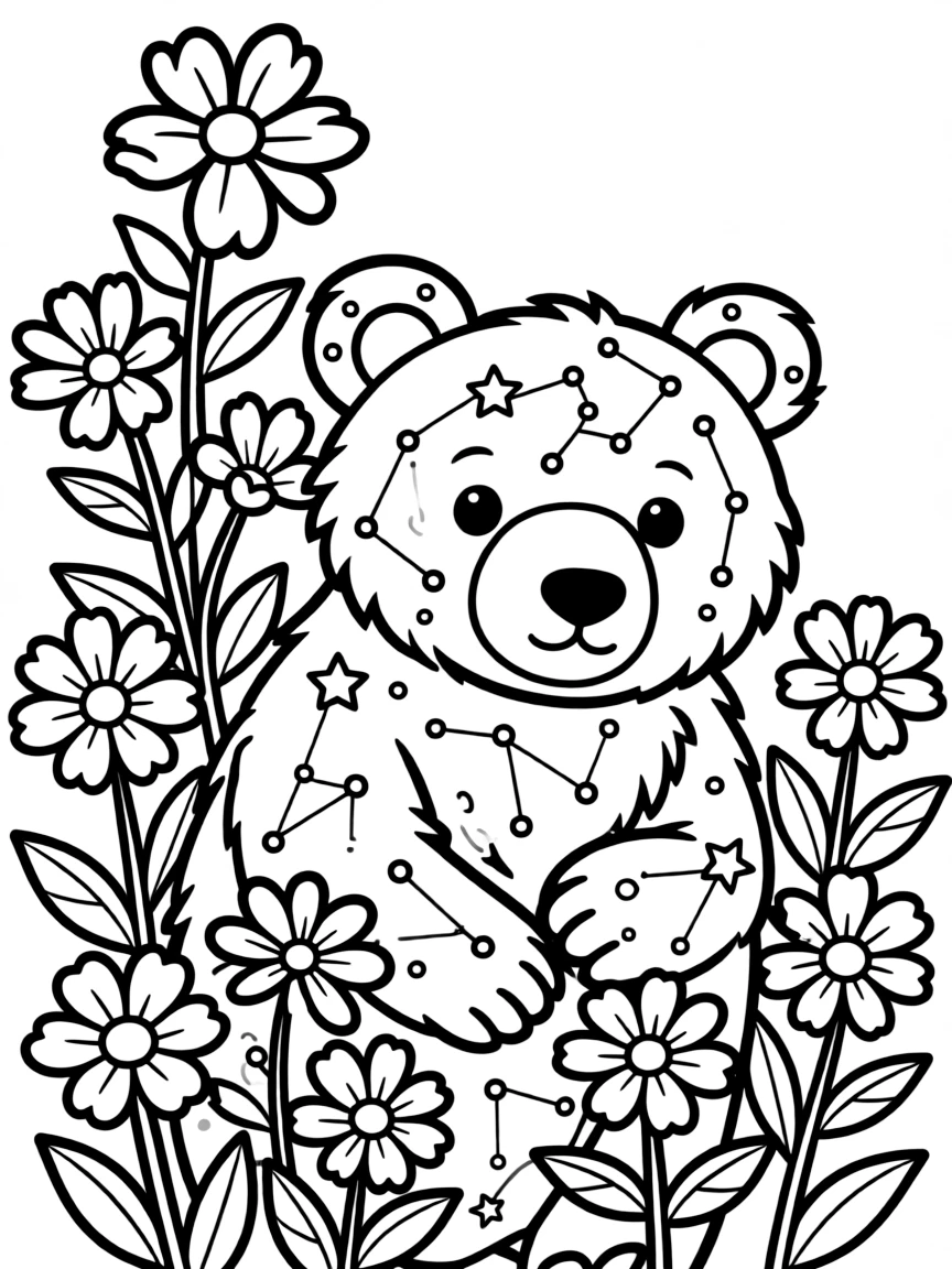 A bear with star constellations visible in its fur caring for honey-producing flowers