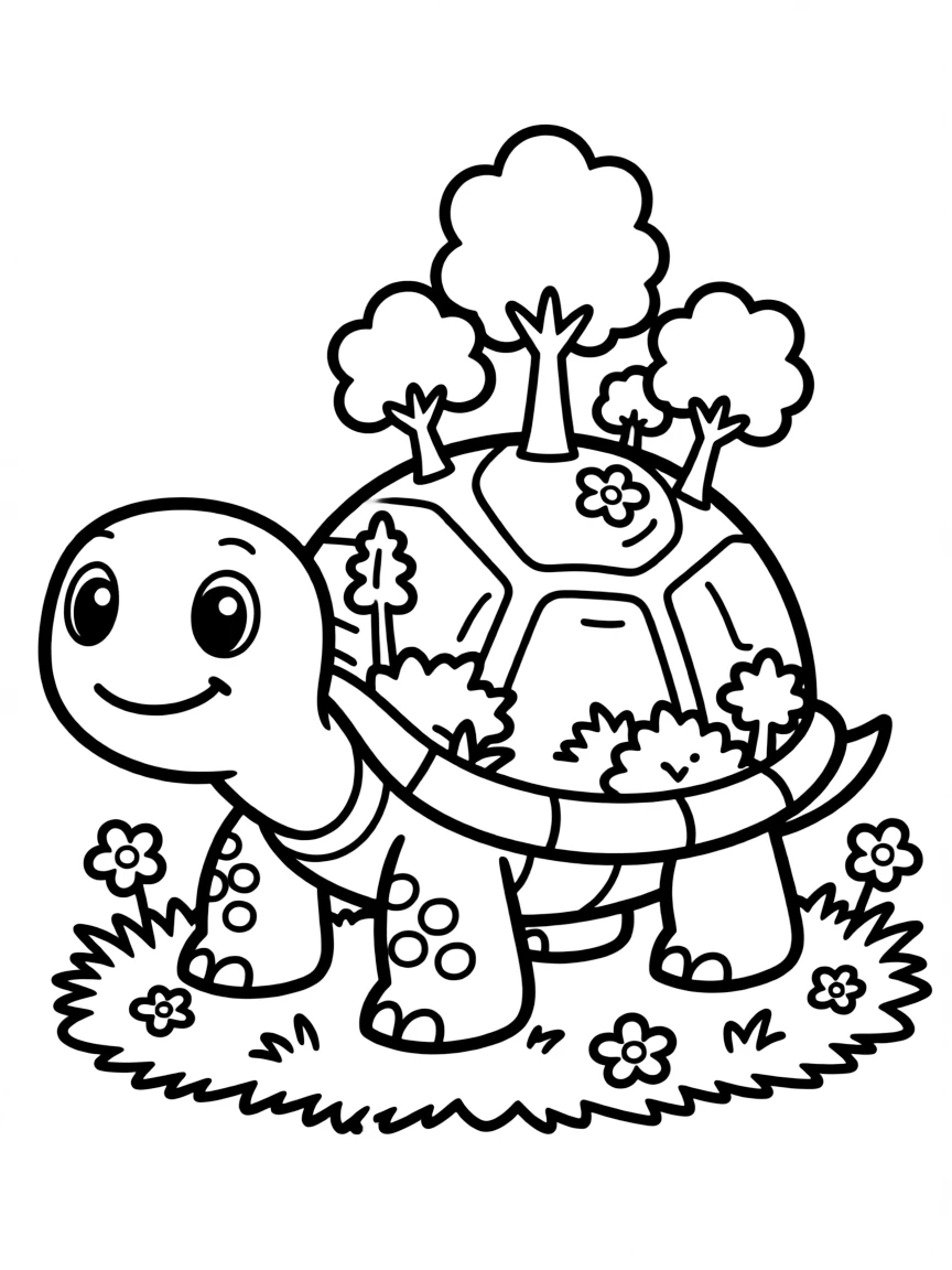 A turtle with a shell that resembles a miniature garden complete with tiny trees