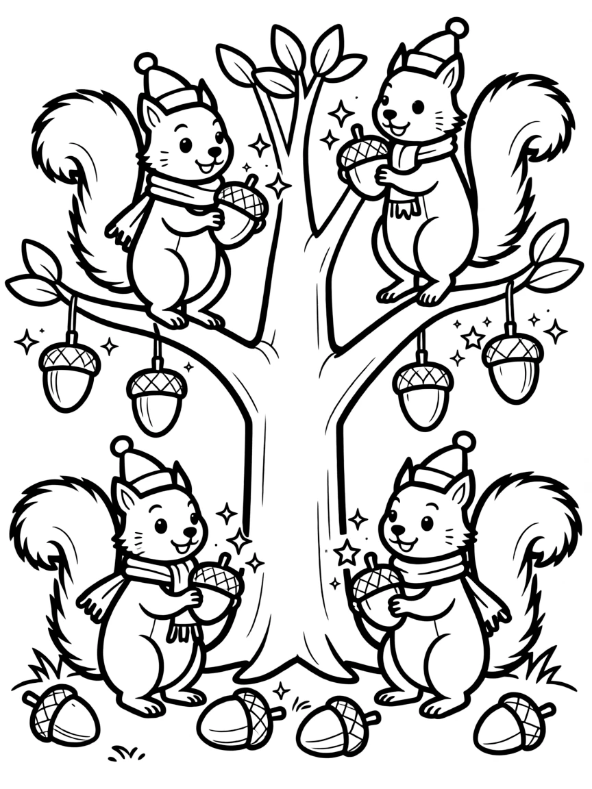 Squirrels collecting magical acorns that sparkle and change colors with the seasons