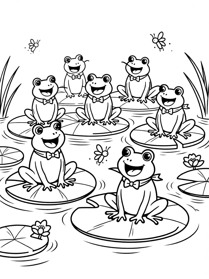 A frog choir sitting on lily pads, singing in harmony as fireflies provide the lighting