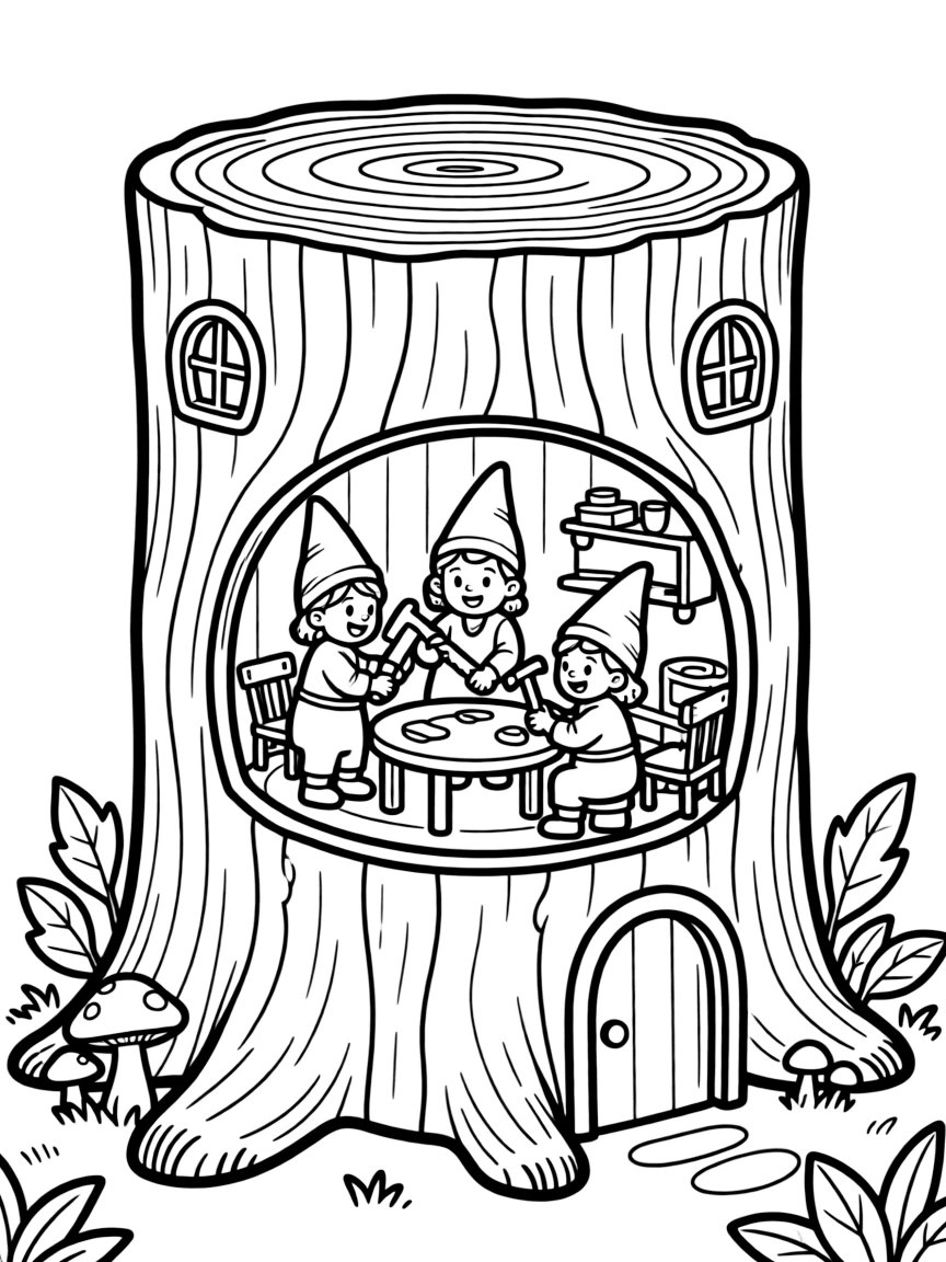 A family of gnomes building a home inside a hollow log with tiny furniture and windows