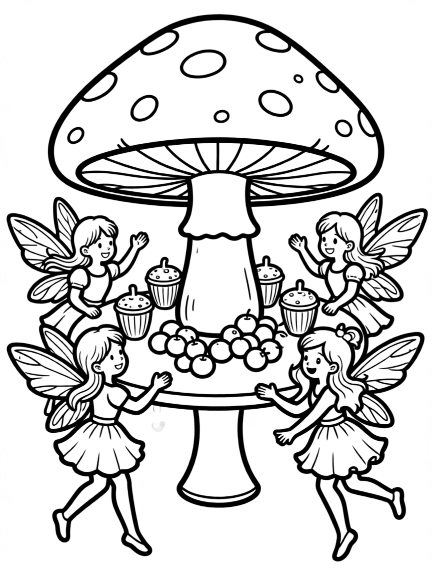 A circle of fairies dancing around a toadstool table laden with acorn cups and berry sweets