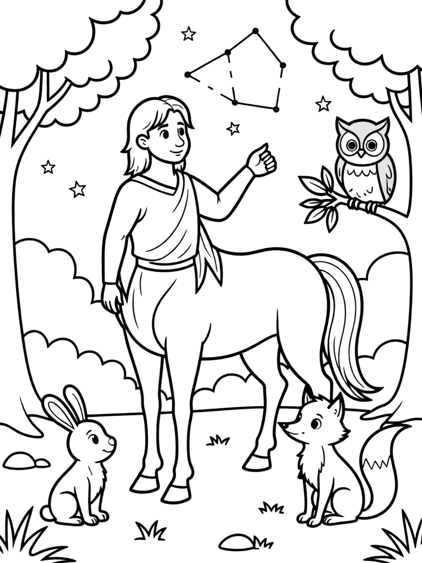 A majestic centaur teaching young forest creatures how to read the stars