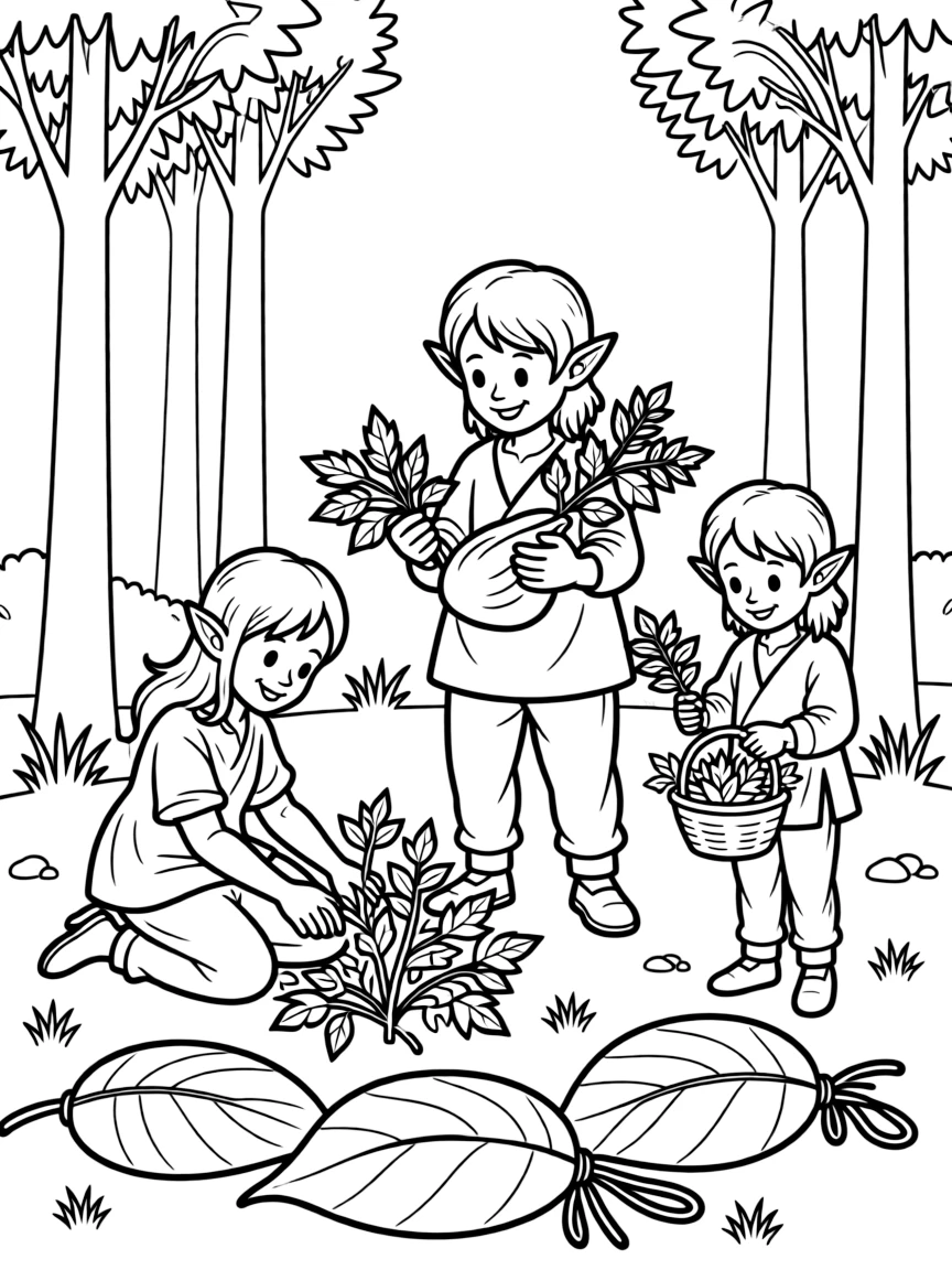 A group of elves harvesting medicinal herbs and storing them in leaf pouches
